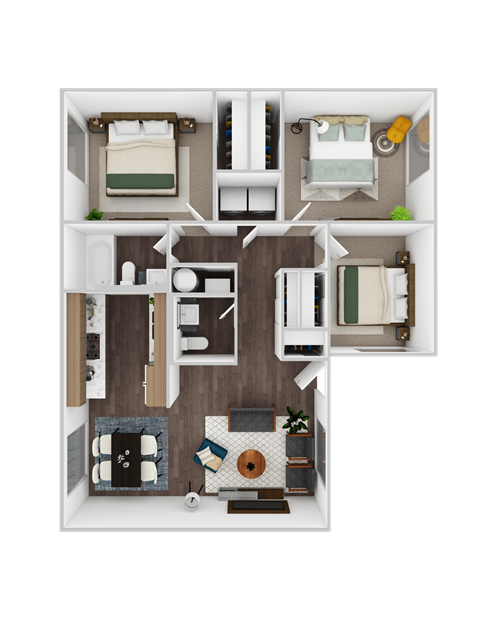 Floor plan for 3 beds, 2 baths, 1014 sqft